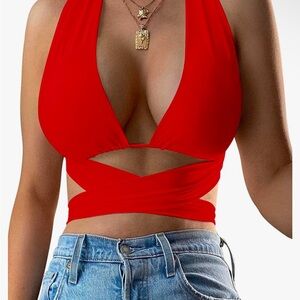 Red Halter Wrap Top